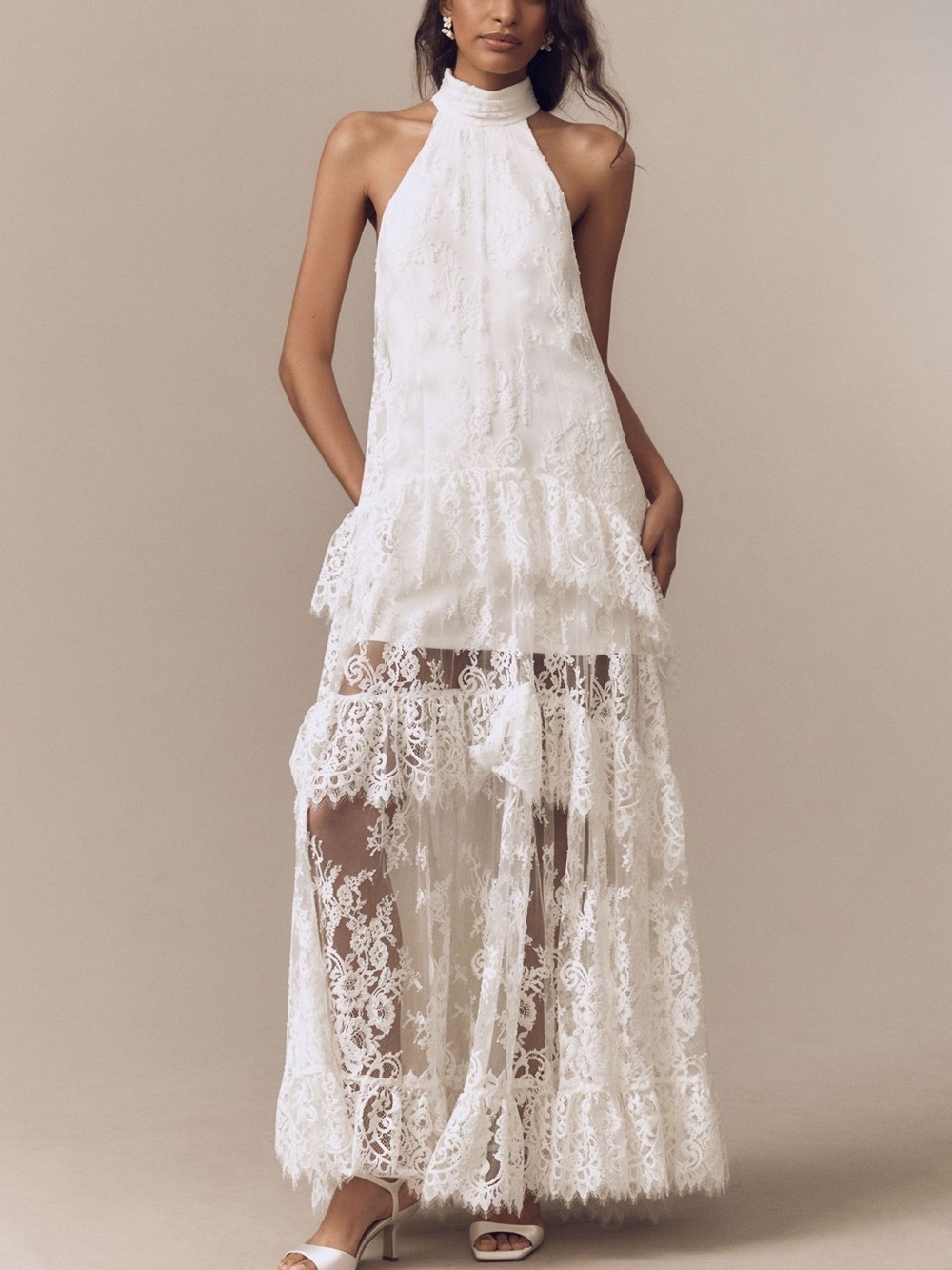 BHLDN White Lace Halter Maxi Dress with Sheer Tiered Lace Skirt